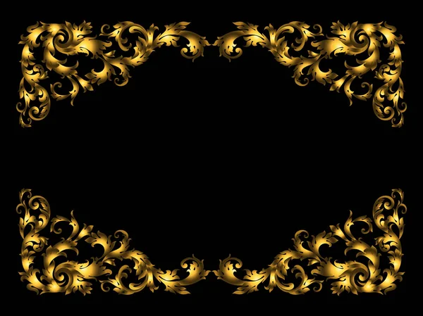 Rechteckiger Vignettenrahmen aus goldenen Blättern und Blütenblättern auf schwarzem Sockel. Barocke Elemente Schriftrollen, reiche Goldverläufe — Stockvektor