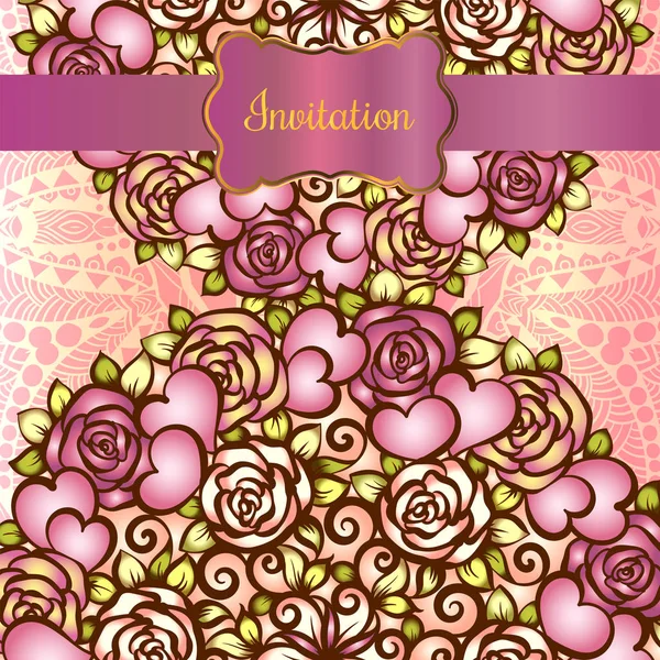 Vintage valentine or wedding invitration card with gold frame and hearts and roses and scrolls. Bridal boquet with lace wrapping decor — Stock Vector