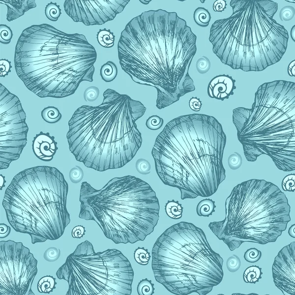 Vektör seamless modeli kroki mavi zemin üzerine deniz kabuklarını. Çizilmiş deniz hayvanları — Stok Vektör