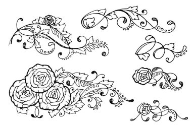 Sayfa süsleme ve altı çizilmiş kaligrafi çiçek tasarım öğeleri kümesi. Vektör çizim Güllü