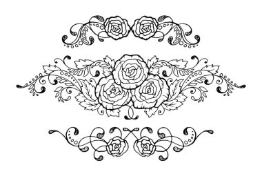 Sayfa süsleme ve altı çizilmiş kaligrafi çiçek tasarım öğeleri kümesi. Vektör çizim Güllü