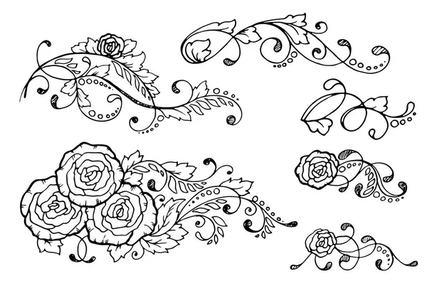 Conjunto de seis elementos de design floral caligráfico desenhado à mão e decoração de página. Ilustração vetorial com rosas — Vetor de Stock