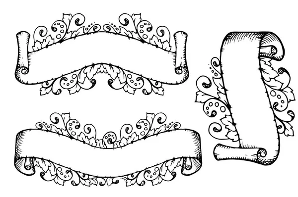 Ręcznie rysowane wstążki. Wektor ozdoba, papier przewijania z liści projektowania elementów pod spodem. Miejsce dla tekstu — Wektor stockowy