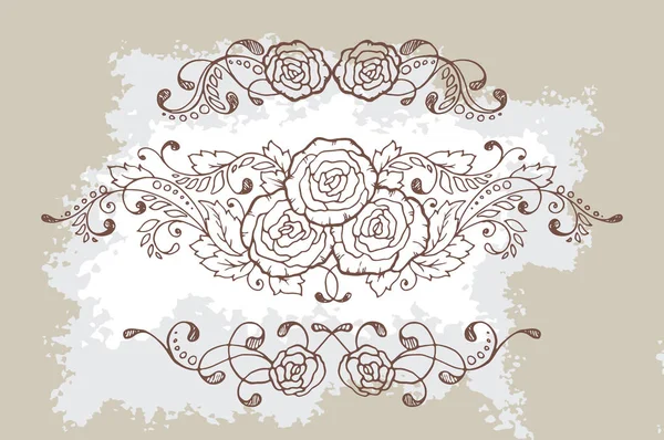 Conjunto de três elementos de design floral caligráfico desenhado à mão e decoração de página. Ilustração vetorial com rosas em estilo vintage com textura envelhecida — Vetor de Stock