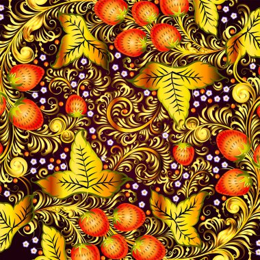 Khokhloma style - çiçekler, geleneksel Rus ulusal resimde unsurlar ile dekoratif kartı çilek ve bırakır. Nice ayrıntılı dekorasyon, tasarım öğesi, vektör grafikleri.