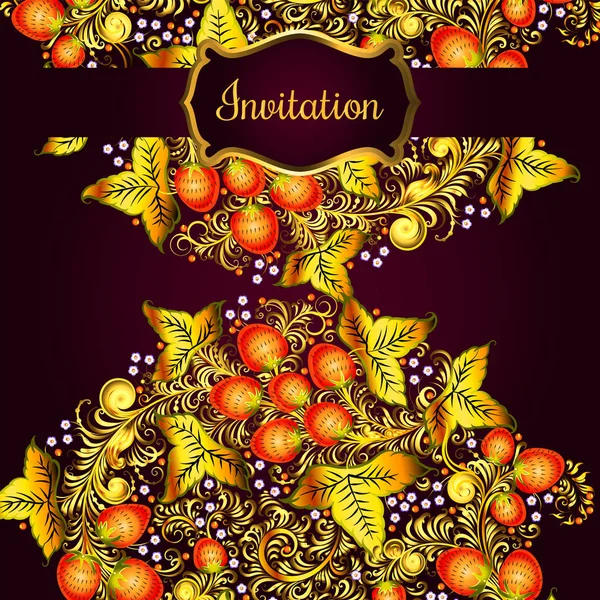 Decoratieve kaart met elementen uit de traditionele Russische nationale schilderkunst in Chochloma stijl - bloemen, bessen en bladeren. Nice gedetailleerde decoratie, ontwerpelement, vector graphics. Sjabloon forbanners, — Stockvector