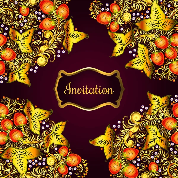 Decoratieve kaart met elementen uit de traditionele Russische nationale schilderkunst in Chochloma stijl - bloemen, bessen en bladeren. Nice gedetailleerde decoratie, ontwerpelement, vector graphics. — Stockvector