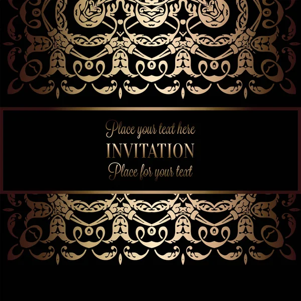 Vintage gold invitation or wedding card on black background, divider, header, ornamental lacy vector frame — Stock Vector