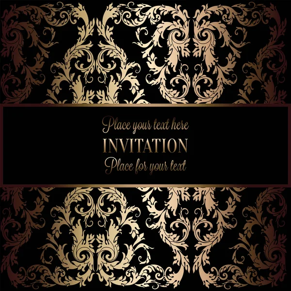 Fond abstrait avec cadre vintage antique, noir et or de luxe, bannière victorienne, ornements de papier peint floral damassé, carte d'invitation, livret de style baroque, modèle de mode, modèle pour la conception — Image vectorielle