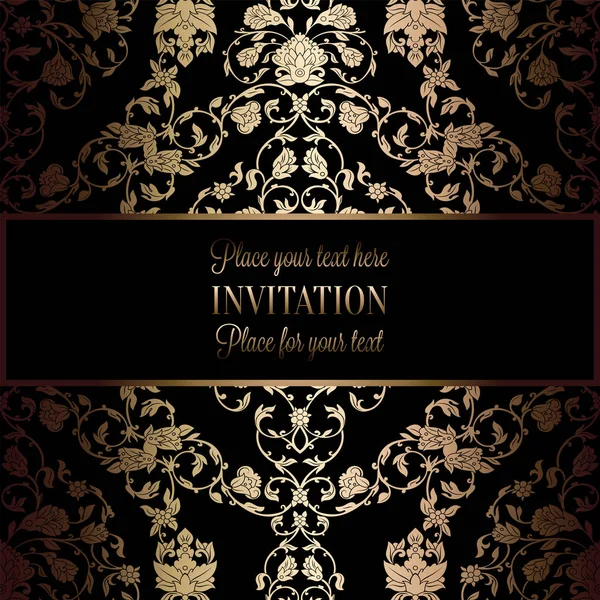 Fond abstrait avec cadre vintage antique, noir et or de luxe, bannière victorienne, ornements de papier peint floral damassé, carte d'invitation, livret de style baroque, modèle de mode, modèle pour la conception — Image vectorielle