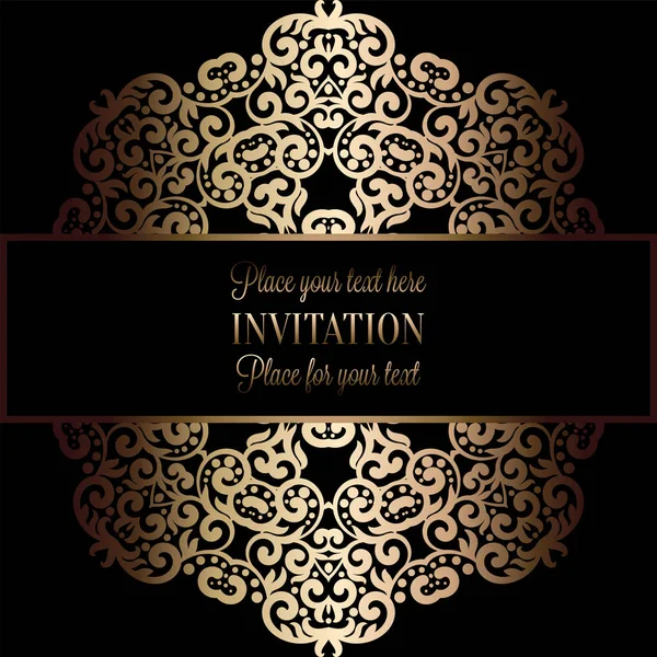 Abstract background with antique, luxury black and gold vintage frame, victorian banner, damask floral wallpaper ornaments, invitation card, baroque style booklet, fashion pattern, template for design — Stock Vector