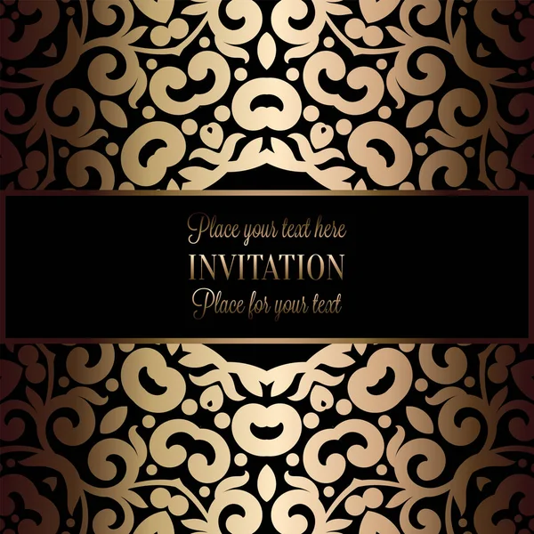 Abstract background with antique, luxury black and gold vintage frame, victorian banner, damask floral wallpaper ornaments, invitation card, baroque style booklet, fashion pattern, template for design — Stock Vector