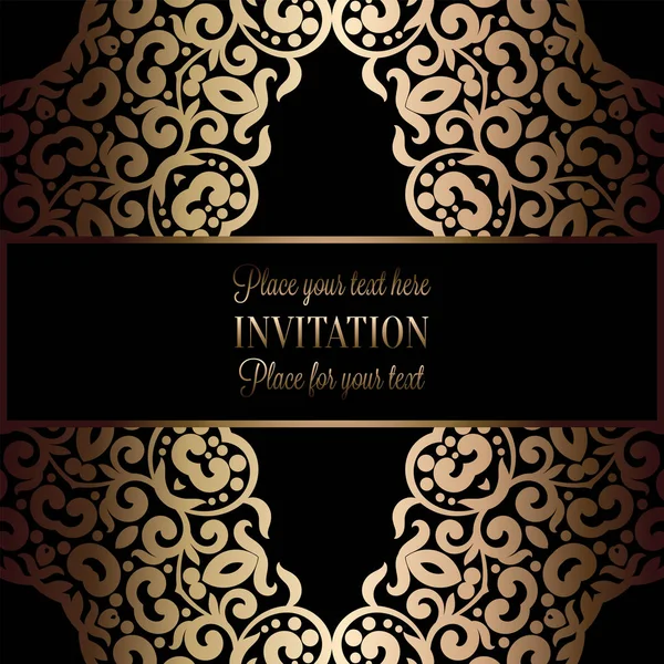 Abstract background with antique, luxury black and gold vintage frame, victorian banner, damask floral wallpaper ornaments, invitation card, baroque style booklet, fashion pattern, template for design — Stock Vector