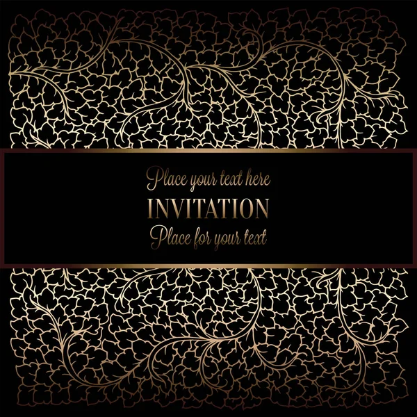 Abstract background with antique, luxury black and gold vintage frame, victorian banner, damask floral wallpaper ornaments, invitation card, baroque style booklet, fashion pattern, template for design — Stock Vector