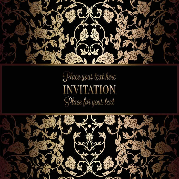 Abstract background with antique, luxury black and gold vintage frame, victorian banner, damask floral wallpaper ornaments, invitation card, baroque style booklet, fashion pattern, template for design — Stock Vector