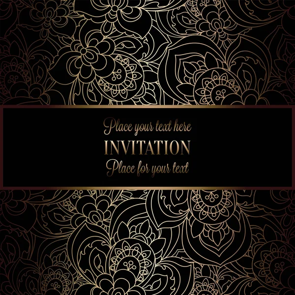 Fond abstrait avec cadre vintage antique, noir et or de luxe, bannière victorienne, ornements de papier peint floral roses, carte d'invitation, livret de style baroque, modèle de mode, modèle pour la conception — Image vectorielle