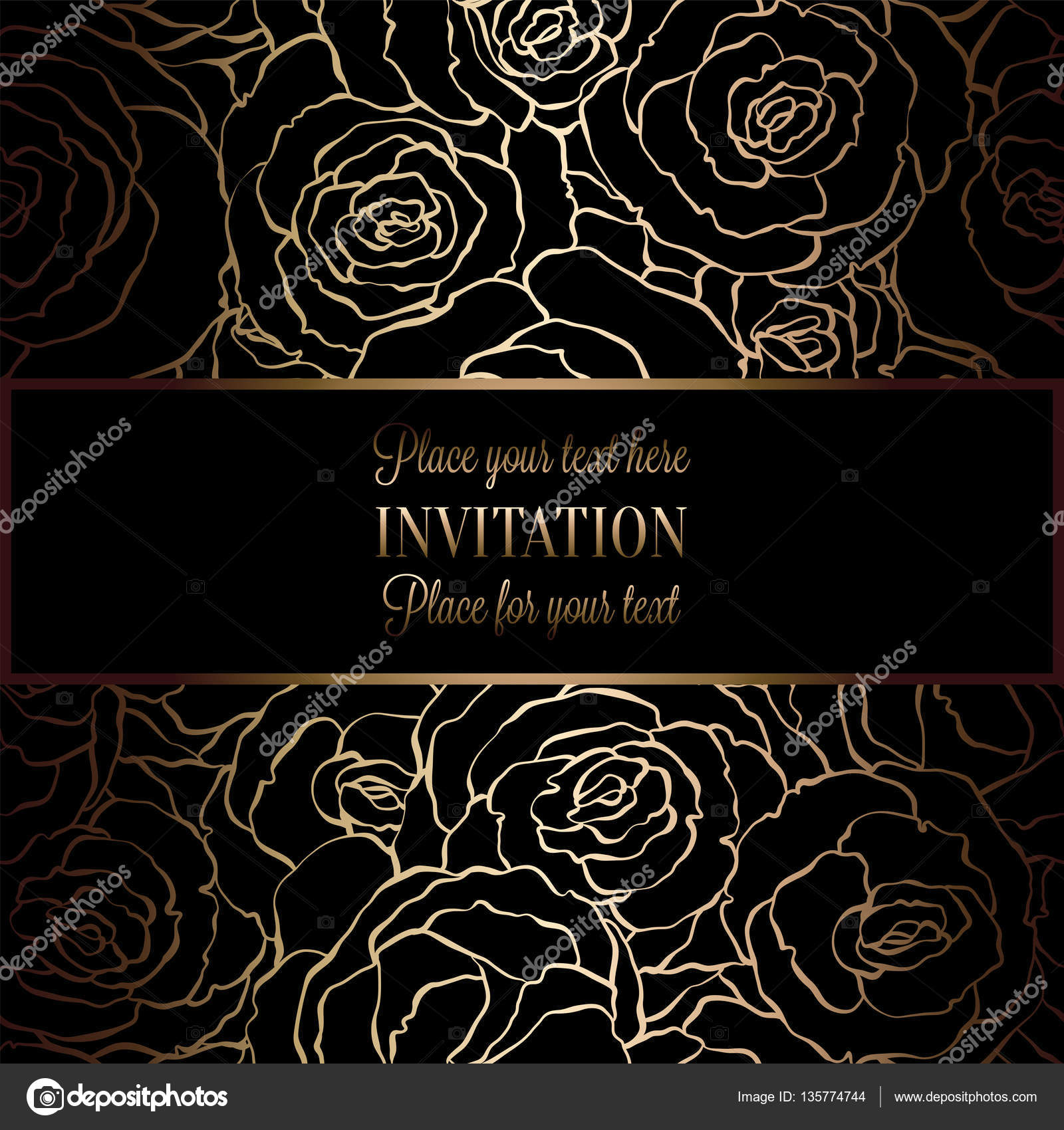 Abstract background with roses, luxury black and gold vintage frame,  victorian banner, damask floral wallpaper ornaments, invitation card,  baroque style booklet, fashion pattern, template for design Stock Vector  Image by ©MiaMilky #135774744