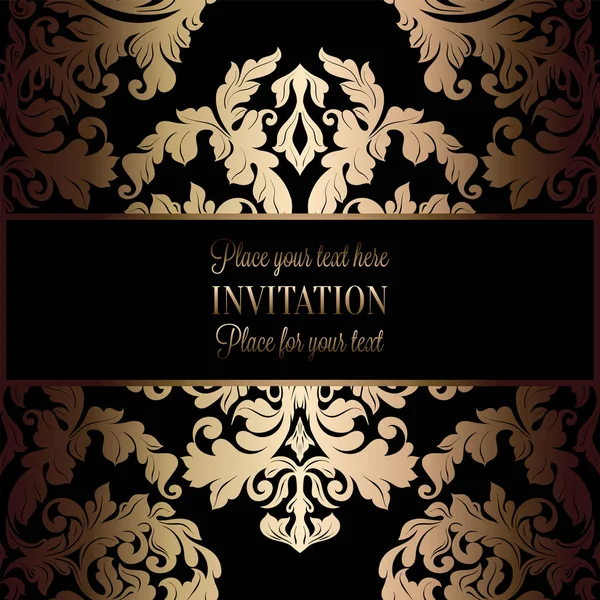 Fond baroque avec cadre vintage antique, noir et or de luxe, bannière victorienne, ornements de papier peint floral damassé, carte d'invitation, livret de style baroque, modèle de mode, modèle pour la conception — Image vectorielle