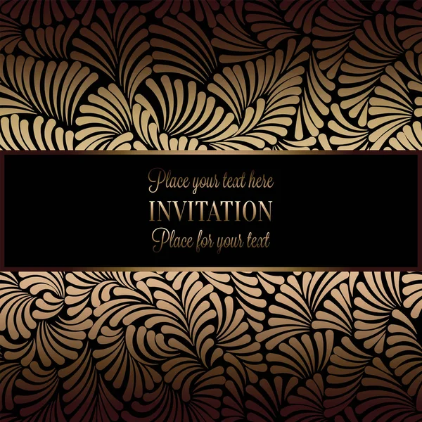 Fond abstrait avec cadre vintage antique, noir et or de luxe, bannière victorienne, ornements de papier peint floral damassé, carte d'invitation, livret de style baroque, modèle de mode, modèle pour la conception — Image vectorielle