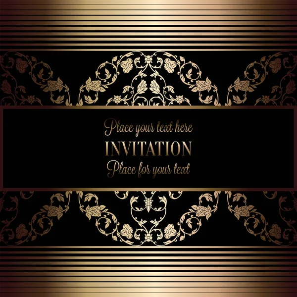 Abstract background with antique, luxury black and gold vintage frame, victorian banner, damask floral wallpaper ornaments, invitation card, baroque style booklet, fashion pattern, template for design — Stock Vector