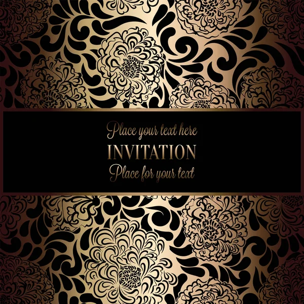 Fondo abstracto con marco antiguo, negro de lujo y oro vintage, bandera victoriana, adornos de papel pintado floral damasco, tarjeta de invitación, folleto de estilo barroco, patrón de moda, plantilla para el diseño — Vector de stock