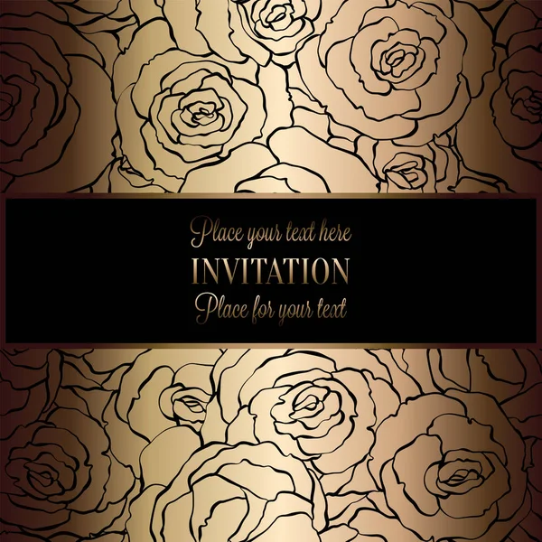 Fundo abstrato com rosas, quadro vintage preto e dourado de luxo, banner vitoriano, damasco ornamentos florais papel de parede, cartão de convite, livreto de estilo barroco, padrão de moda, modelo para design — Vetor de Stock