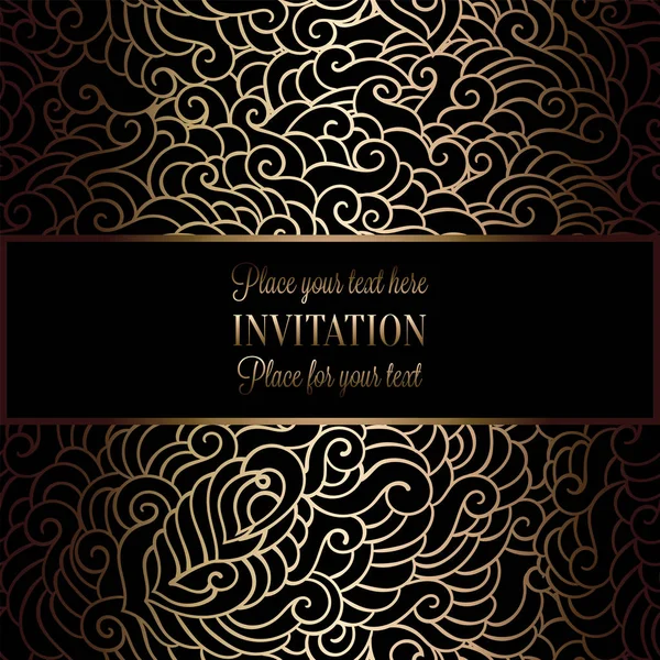 Abstrakter Hintergrund mit antikem, luxuriösem Schwarz-Gold-Vintage-Rahmen, viktorianischem Banner, Damast-Tapetenornamenten, Einladungskarte, Barock-Booklet, Modemuster, Design-Vorlage — Stockvektor