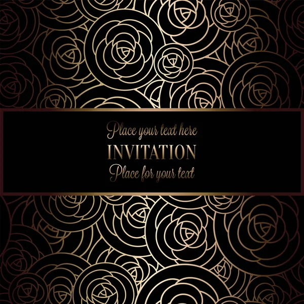 Abstract background with roses, luxury black and gold vintage frame, victorian banner, damask floral wallpaper ornaments, invitation card, baroque style booklet, fashion pattern, template for design — Stock Vector