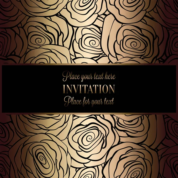 Abstract background with roses, luxury black and gold vintage frame, victorian banner, damask floral wallpaper ornaments, invitation card, baroque style booklet, fashion pattern, template for design — Stock Vector