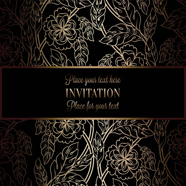 Fondo abstracto con marco antiguo, negro de lujo y oro vintage, bandera victoriana, adornos de papel pintado floral damasco, tarjeta de invitación, folleto de estilo barroco, patrón de moda, plantilla para el diseño — Vector de stock