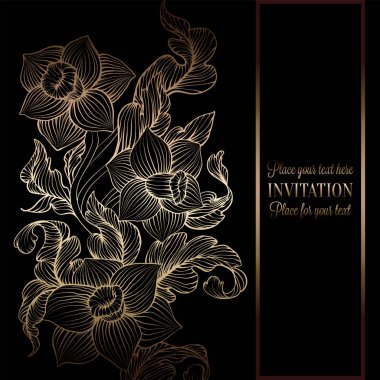 Floreal arka plan ile antika, lüks siyah ve altın vintage çerçeve, Viktorya dönemi afiş, nergis duvar kağıdı süsler, davetiye, Barok tarzı kitapçık, moda model, tasarım şablonu