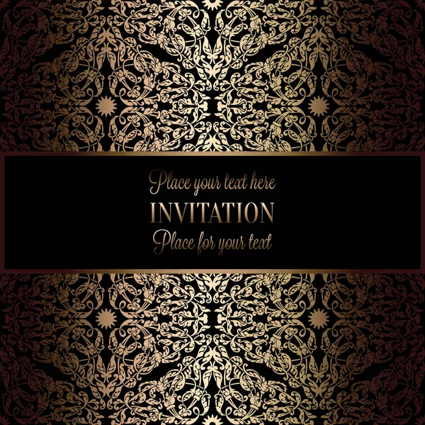 Fondo abstracto con marco antiguo, negro de lujo y oro vintage, bandera victoriana, adornos de papel pintado floral damasco, tarjeta de invitación, folleto de estilo barroco, patrón de moda, plantilla para el diseño — Vector de stock