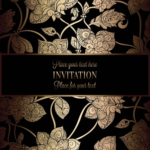 Fondo intrincado con marco antiguo, negro de lujo y oro vintage, bandera victoriana, adornos de papel pintado floral damasco, tarjeta de invitación, folleto de estilo barroco, patrón de moda, plantilla para desig — Vector de stock