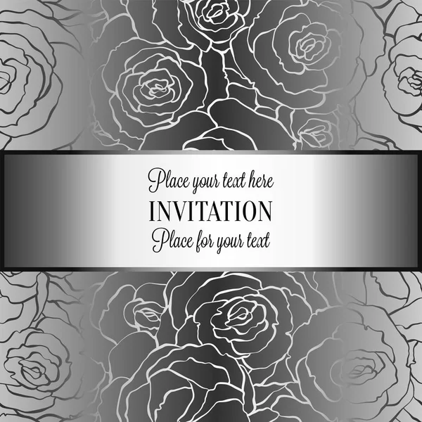 Abstract background with roses, luxury metal silver vintage tracery made of roses, damask floral wallpaper ornaments, invitation card, baroque style booklet, fashion pattern, template for design — Stock Vector