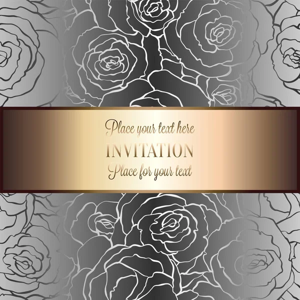 Fondo abstracto con rosas, plata de metal de lujo con lugar de oro para la tracería de texto vintage hecha de rosas, adornos de papel pintado floral damasco, tarjeta de invitación, patrón de moda — Archivo Imágenes Vectoriales