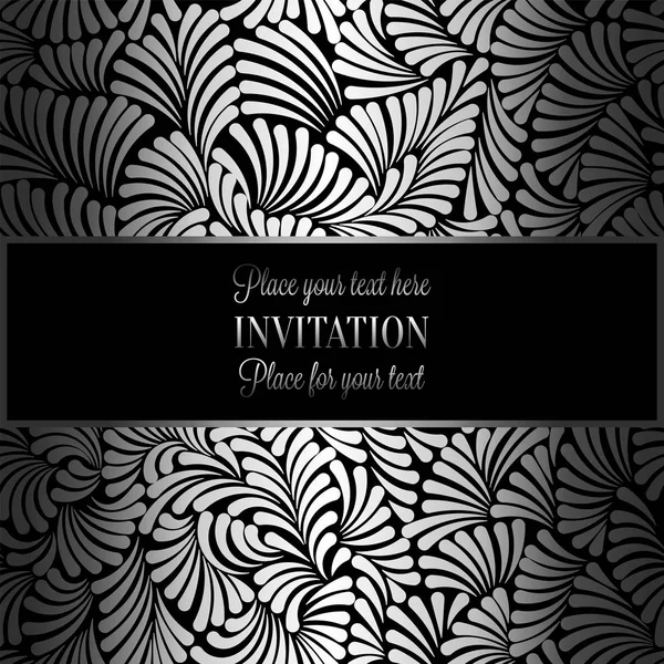 Romantic background with antique, luxury black and silver metal vintage frame, victorian banner, made of feathers wallpaper ornaments, invitation card, baroque style booklet, fashion pattern — Stock Vector