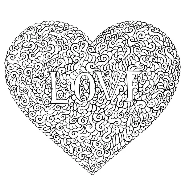 낙서 스타일에서 발렌타인 구성 사랑 해요. 핸드 그린, 화려한, 장식, 부족, 디자인 요소. 흑백 배경입니다. 마음, 사랑, 소용돌이 및 스크롤. 성인 Zentangle 색칠 페이지 — 스톡 벡터