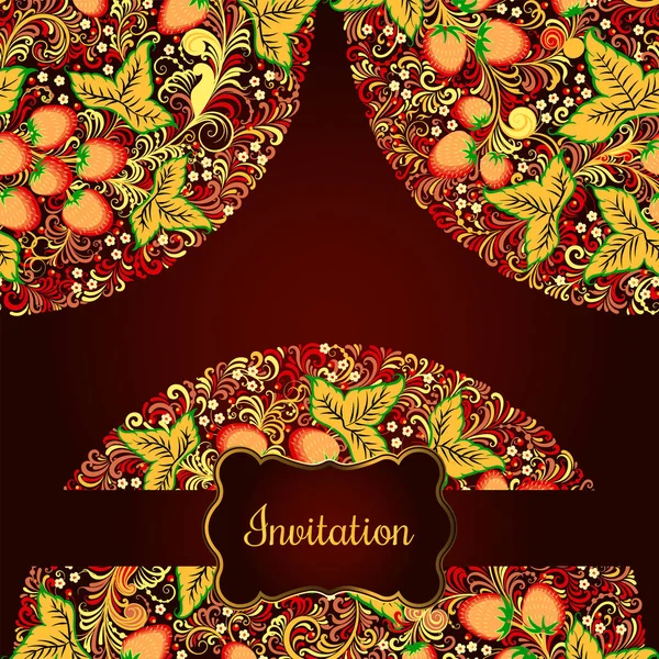 Decoratieve kaart met elementen uit de traditionele Russische nationale schilderkunst in Chochloma stijl - bloemen, bessen en bladeren. Nice gedetailleerde decoratie, ontwerpelement, vector graphics. — Stockvector