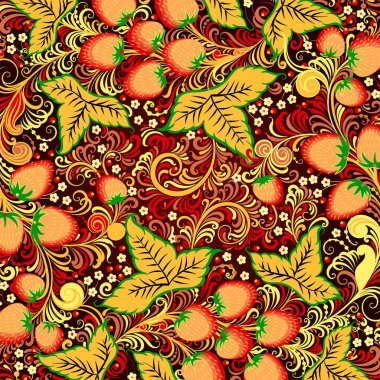Decorative background with elements of traditional Russian national painting in Khokhloma style - flowers, berries and leaves.Nice detailed decoration, design element, vector graphics. clipart