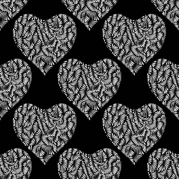 รูปแบบเวกเตอร์ไร้รอยต่อของหัวใจสีเงิน พื้นหลังวันวาเลนไทน์สีเงินและสีดําเงา เครื่องประดับหัวใจดูดเดิ้ล เนื้อเยื่อของฟอยล์สีเงิน . — ภาพเวกเตอร์สต็อก