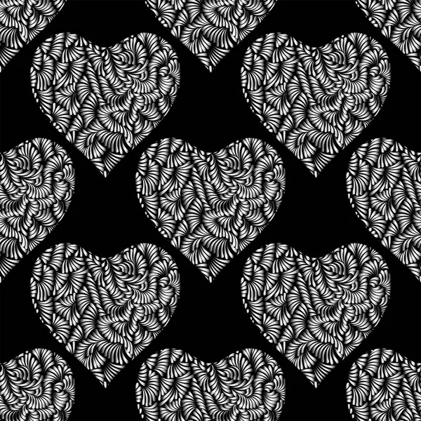 Coeurs argentés motif vectoriel sans couture. Argent brillant et fond de Saint Valentin noir. Ornement de coeur de caniche. Texture de feuille d'argent . — Image vectorielle