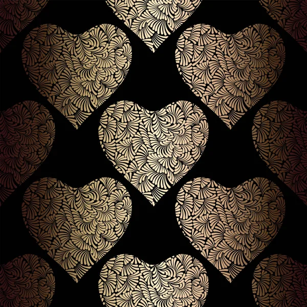 Coeurs d'or motif vectoriel sans couture. Fond brillant de Saint Valentin doré et noir. Ornement de coeur de caniche. Texture de feuille d'or . — Image vectorielle
