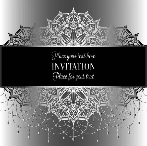 Bruiloft uitnodiging of card, ingewikkelde mandala met parels op zilver grijze achtergrond. Zilveren metalen geïsoleerde maaswerk, Islam, Arabic, Indian, Dubai. — Stockvector