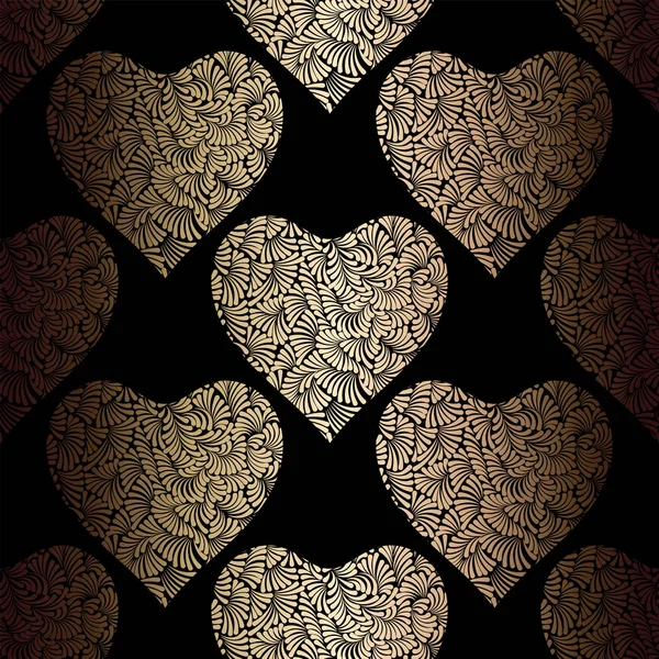 Gold hearts seamless vector pattern. Shiny golden and black Valentines day background. Doodle hearts ornament. Texture of gold foil. — Stock Vector