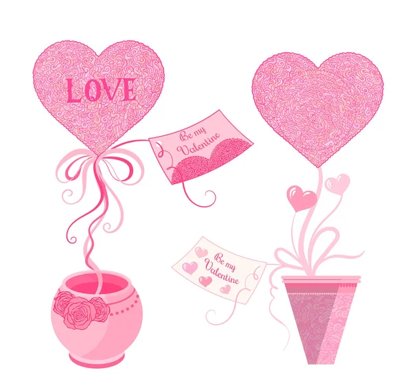 Conjunto de ilustração vetorial de topiaria com corações e cartão de saudação, em panela —  Vetores de Stock