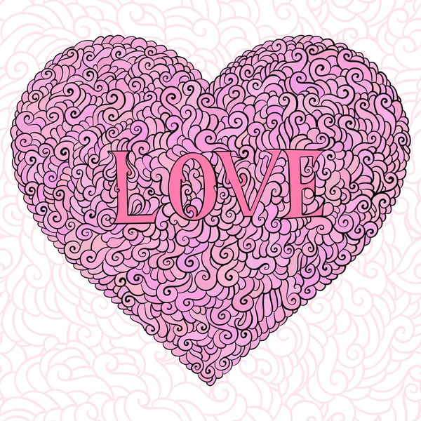 Fondo de garabato colorido. Corazón tarjeta de San Valentín con garabatos en patrón adornado. Elementos de diseño dibujados a mano. Bosquejo de amor y garabatos del corazón, ilustración vectorial . — Archivo Imágenes Vectoriales