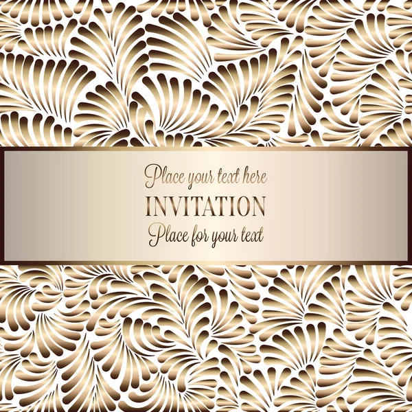 Fond romantique avec cadre vintage antique, blanc luxe, beige et or, bannière victorienne, en plumes ornements de papier peint, carte d'invitation, livret de style baroque, motif de mode — Image vectorielle