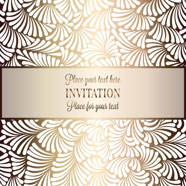 Romantic background with antique, luxury white, beige and gold vintage frame, victorian banner, made of feathers wallpaper ornaments, invitation card, baroque style booklet, fashion pattern — Stock Vector