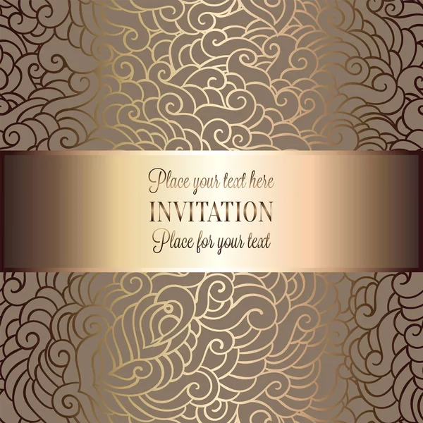 Romantic background with antique, luxury beige and gold vintage frame, victorian banner, made of feathers wallpaper ornaments, invitation card, baroque style booklet, fashion pattern — Stock Vector