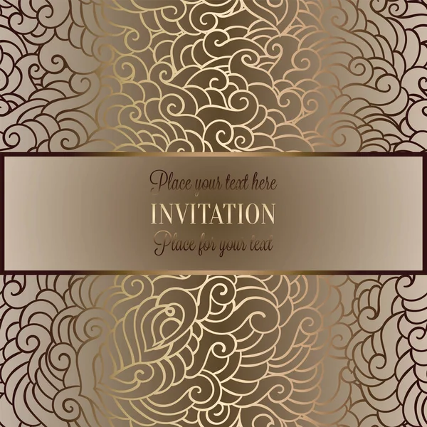 Romantic background with antique, luxury beige and gold vintage frame, victorian banner, made of feathers wallpaper ornaments, invitation card, baroque style booklet, fashion pattern — Stock Vector